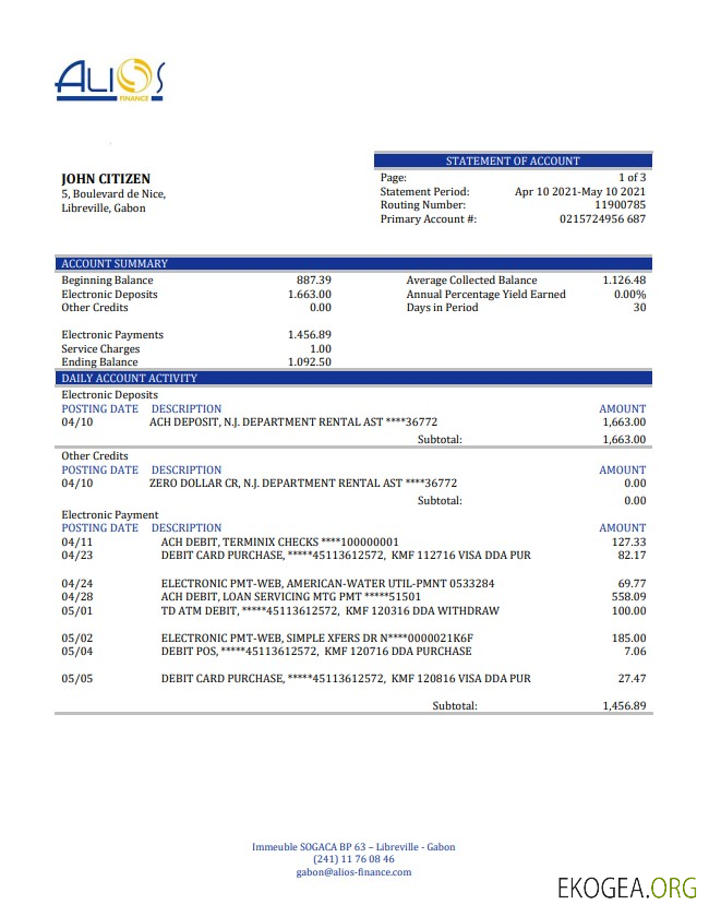 Relevé bancaire Gabon Alios Finance template Relevé bancaire Gabon Alios Finance template